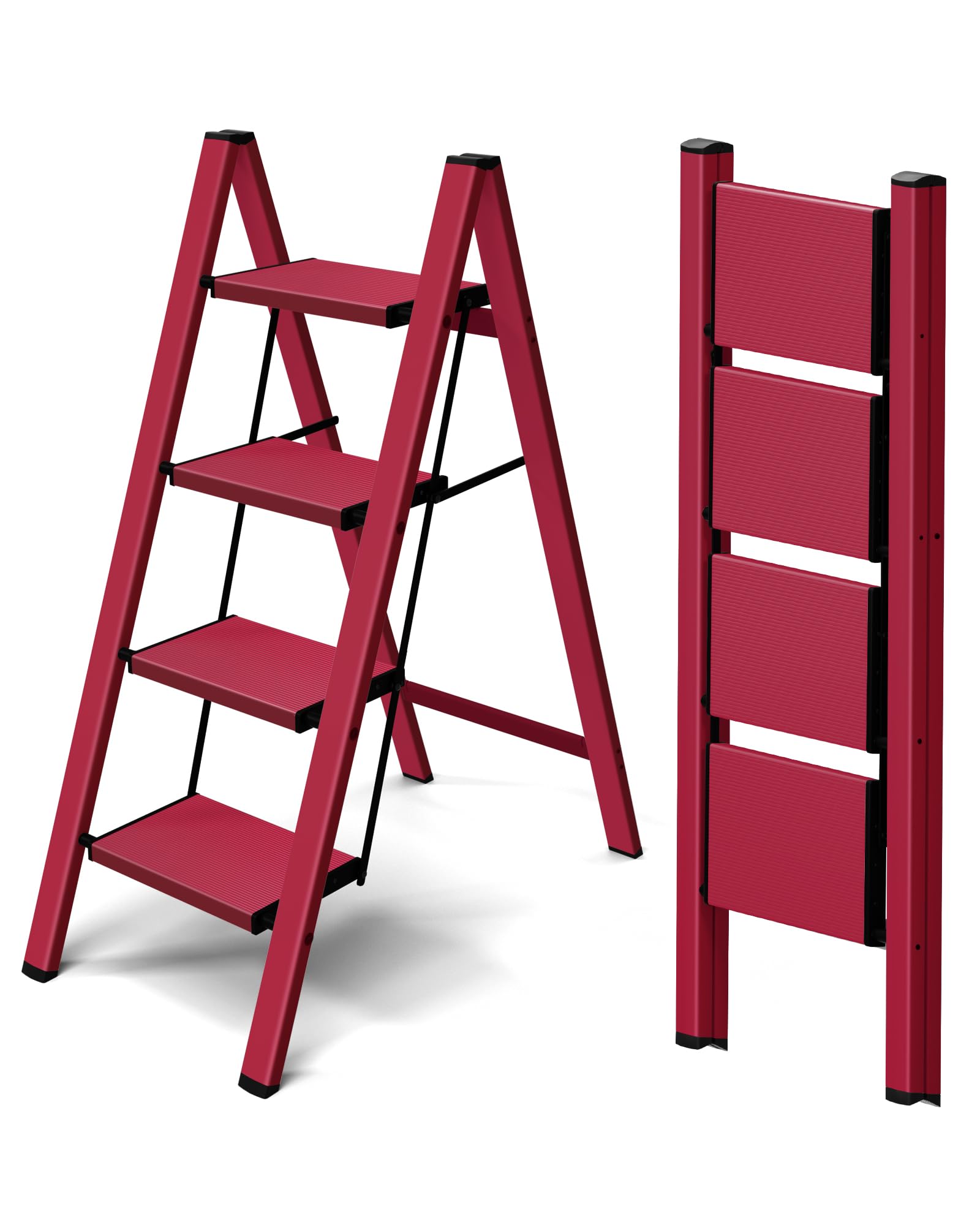 Taranta 4 Step Ladder,Aluminum Lightweight Folding 4 Step Stool with Anti-Slip Wide Pedal,330lbs Capacity Step Ladder for Household,Kitchen,Office - Red Image