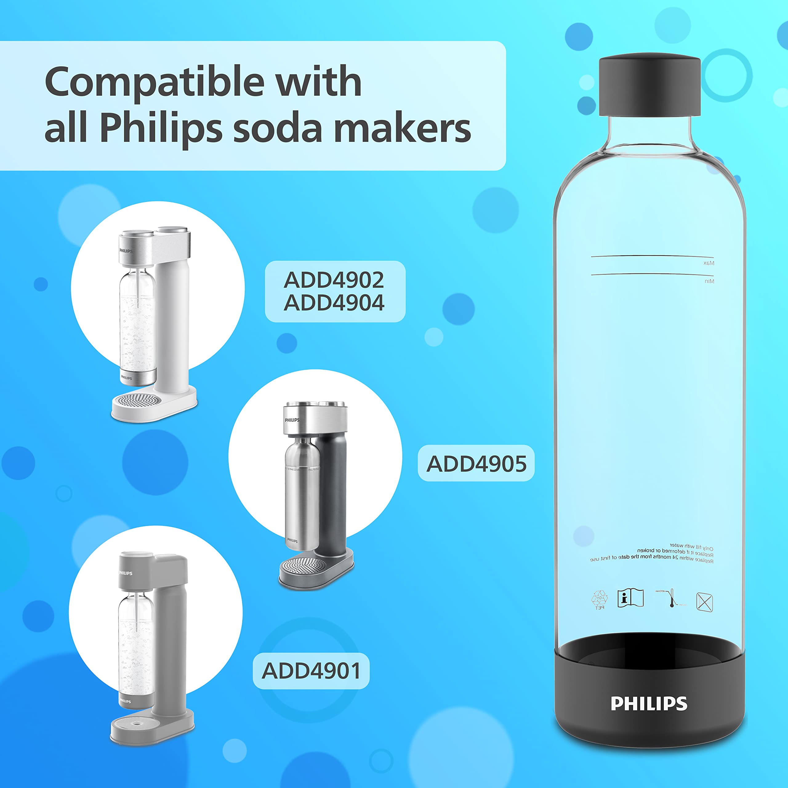 PHILIPS Carbonating Bottles ADD910BKO/37, 1L Reusable PET Sparkling Water Bottles Compatible Soda Maker for ADD4902BKO/37, ADD4902WHO/37 and ADD4901GRO/37, ADD4901BKO/37, ADD4901BLO/37, ADD4901PKO/37