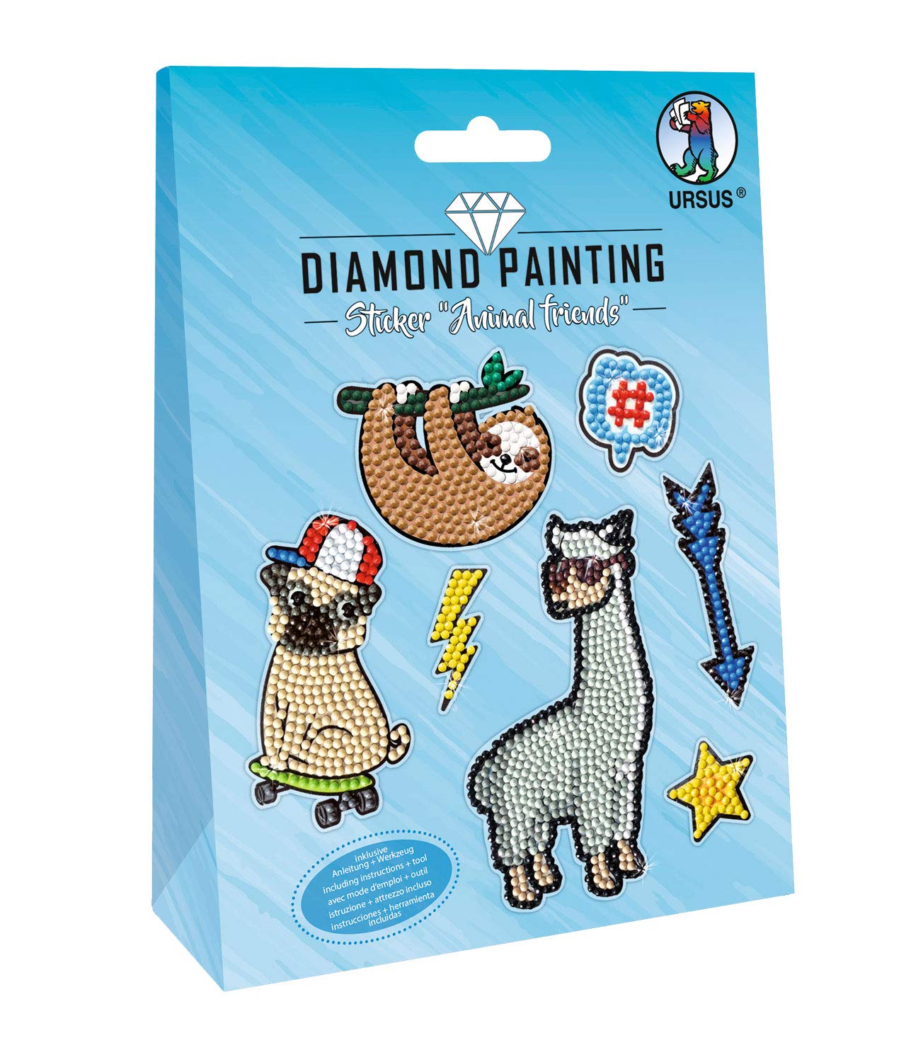 URSUS 43500005 Diamond Painting Animal, for Designing Stickers with Sparkling Diamonds, 2 Sticker Sheets 15 x 10 cm, with Various Designs, Diamond, Picker, Wax and Bowl, Colourful