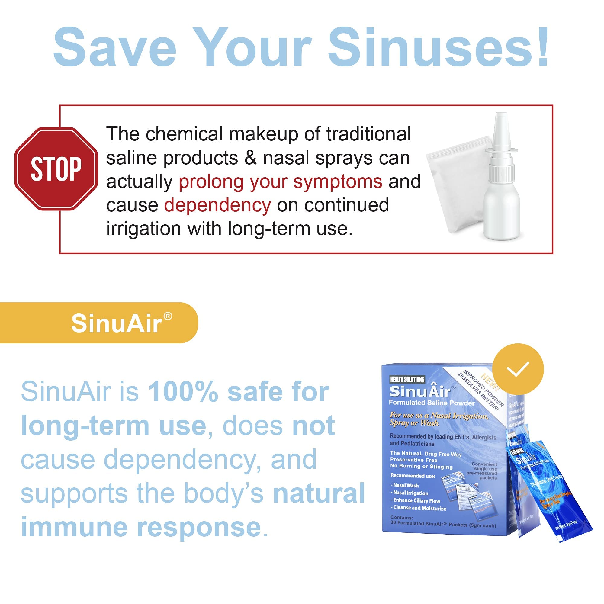 SinuAir Saline Packets for Sinus Rinse - Premixed Salt Solution Powder for SinuPulse Elite System, Neti Pot, Nose Wash Bottle & Nasal Irrigation, 90 Packets
