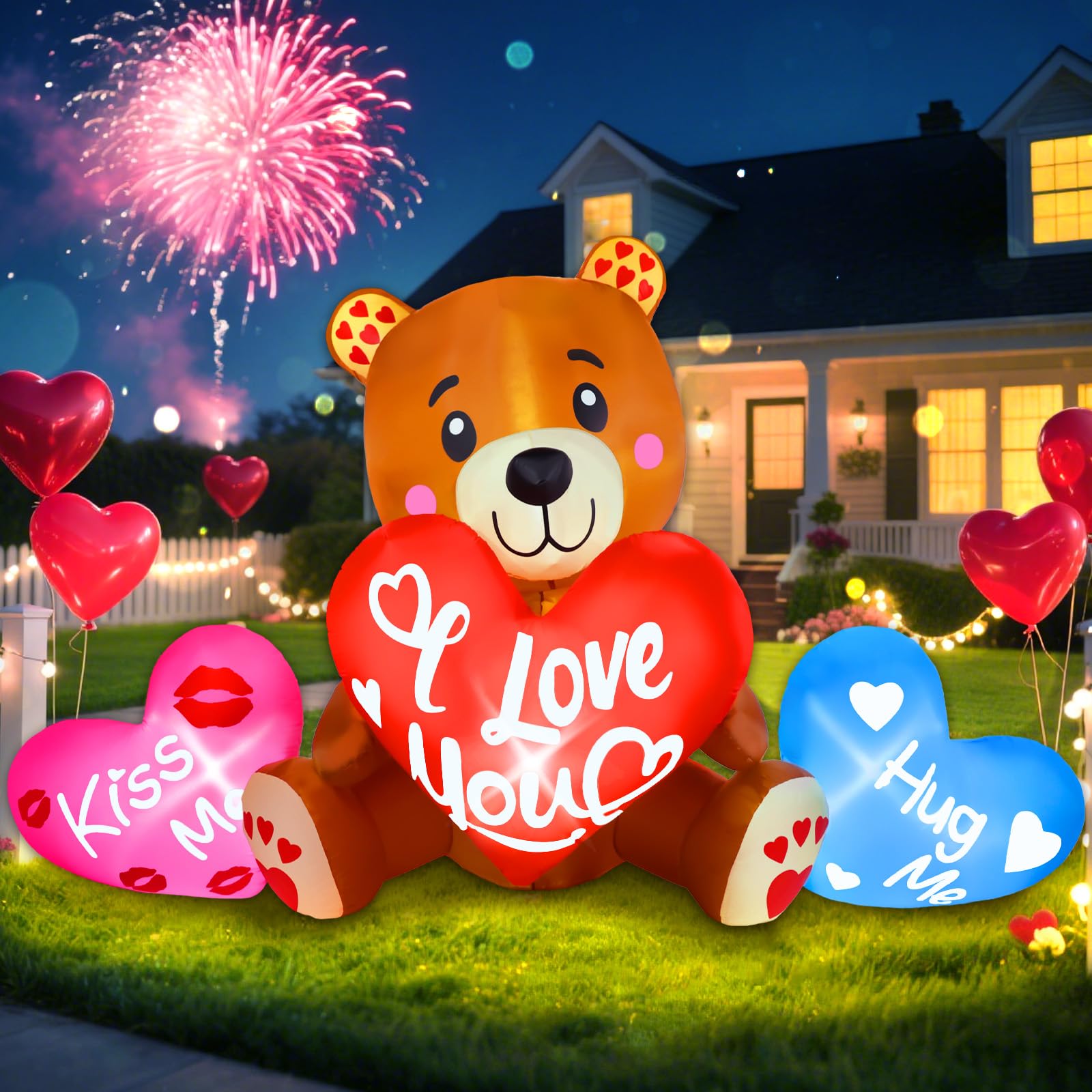 Photo 1 of 10FT Valentine Inflatables Outdoor Decorations Large Teddy Bear with Hearts Valentines Day Blow Up Inflatable with Led Lights Yard Lawn Wedding Proposal Anniversary Party Home Romantic