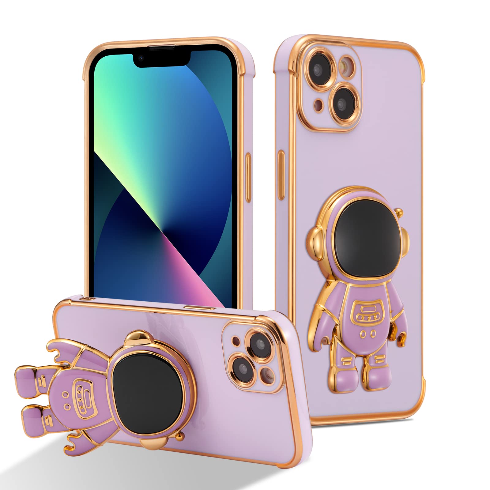 RALEAVO Compatible with iPhone 14 Plus (6.7") Case with Cute Astronaut Kickstand Design Shockproof Plating Phone Case for iPhone 14 Plus-Purple — image 1