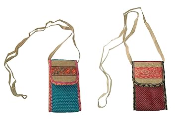 GREAN Combo Jute/Cotton Mobile Sling Bags for Women- Pack of 2 (Multi-Coloured)