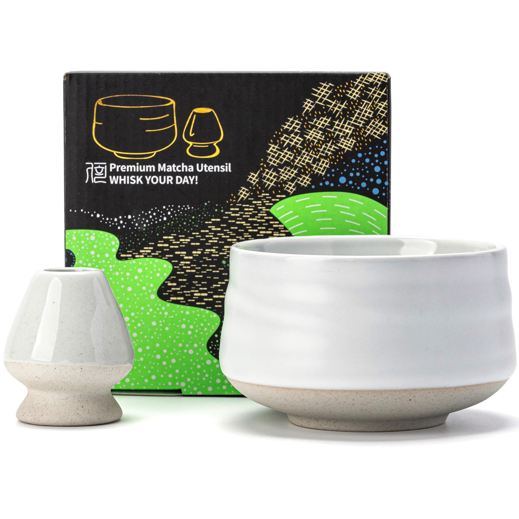 TEANAGOO Matcha Bowl with Spout,Ceramic Matcha Bowl Set and Whisk Holder,2 PCS Macha Chawan 18 oz / 510ML,Ivory White Cup with Stand,Green Tea Bowl,Gift Set for Lover