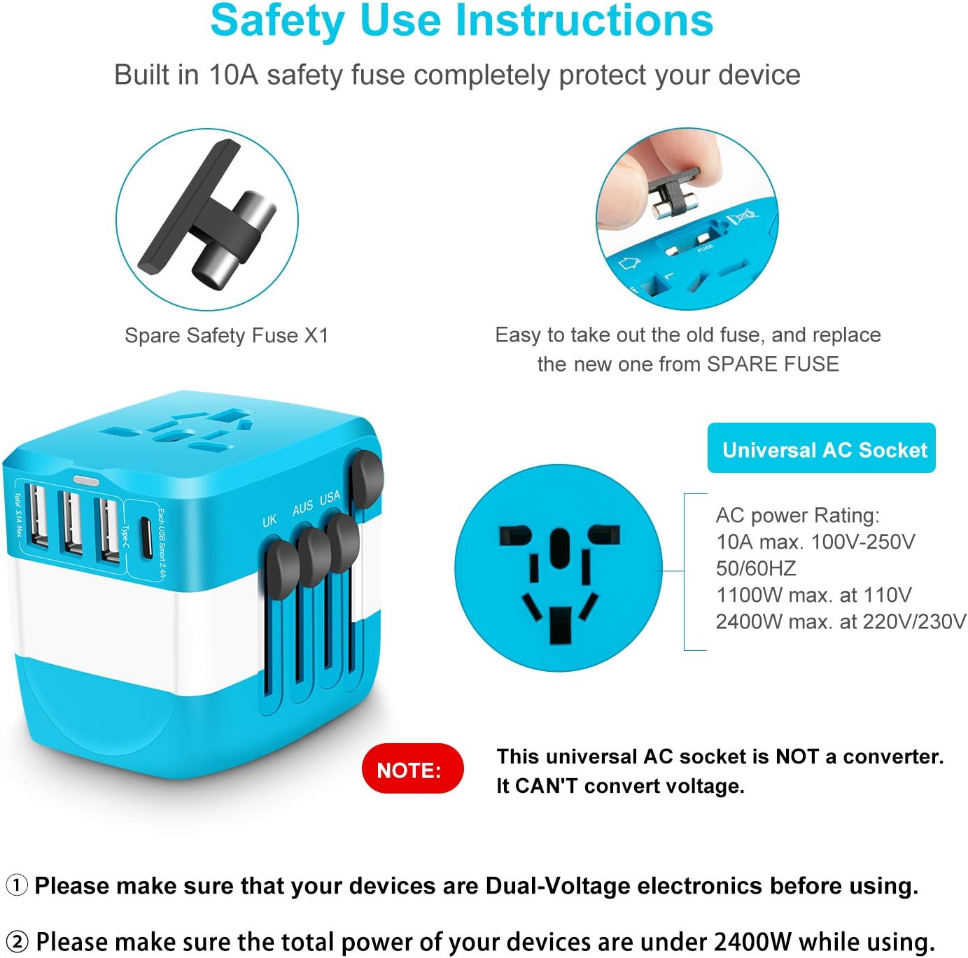 Travel Adapter Universal 2300W 110-250V 10A Power Adapter w/ 4 USB Ports 1 AC Outlet Travel Charger Plug Adapter for Phone Camera Hair Dryer and More Electronics in EU UK US AU Over 150 Countries: Home Audio & Theater