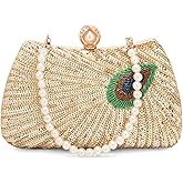 Tmore Beaded Peacock Clutch Purse Pearl Evening Bag Detachable Chain Sparkly Handbags for Wedding Prom Party