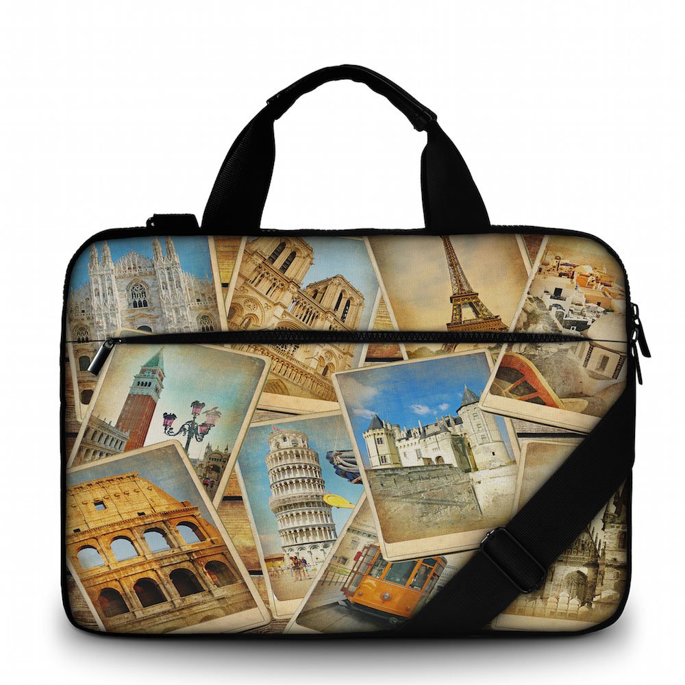 Silent Monsters Laptop bag case 17.3 inch made of Canvas with pocket for accessories, Design: vintage travel