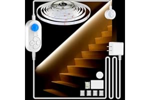 orgaror Dual Sensor Stair Lights Indoor, Motion Activated Plug-in Step Light Strip Indoor with Dimmer, Delay Timer for Stairway (Warm White 3000K (16.4FT Light Strip), Power Adapter (9.84FT Cable))