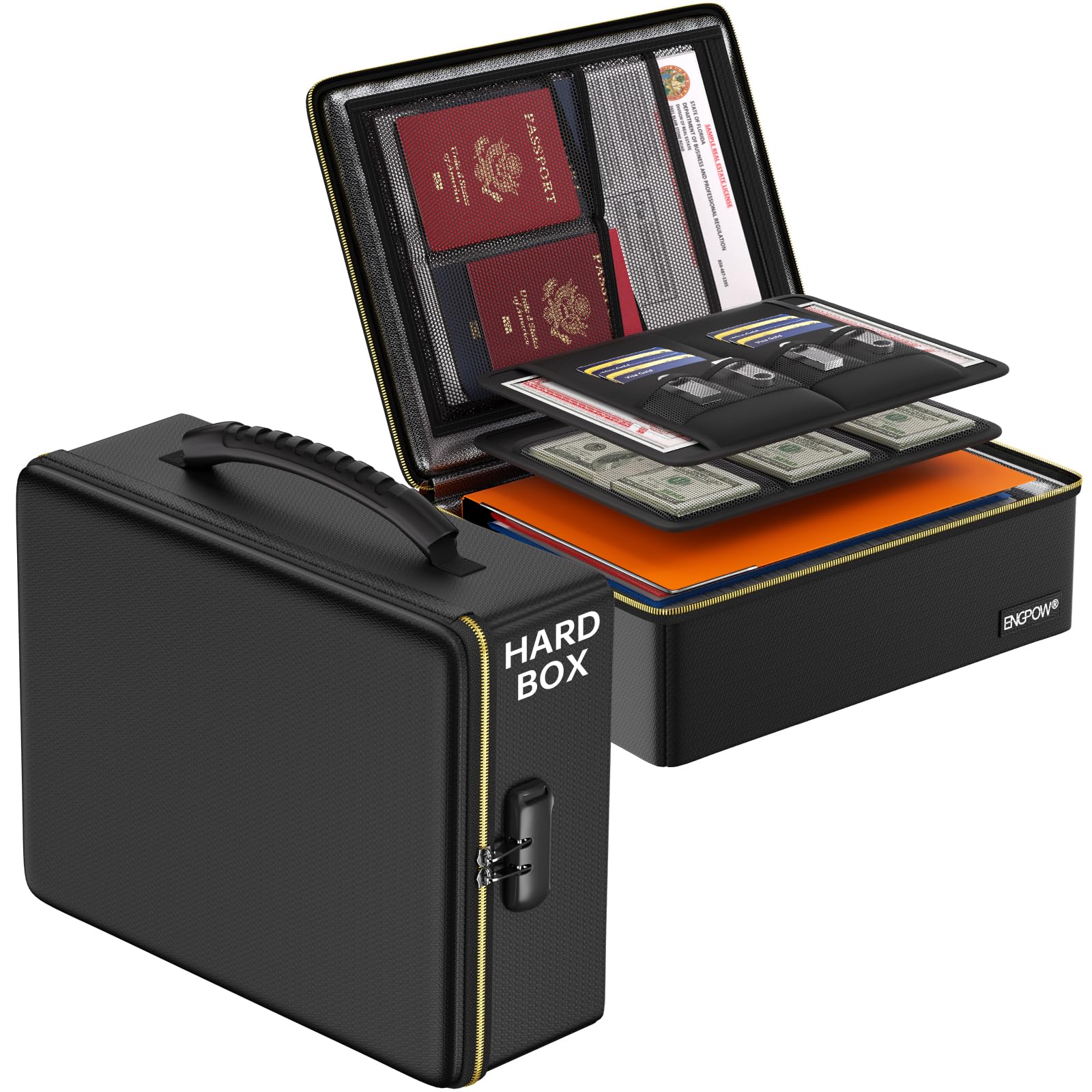 Photo 1 of ENGPOW Fireproof Document Box with Lock, Fireproof Water Resistant Heat Insulated Safe Box Hard Case with Fireproof Zipper, Portable Home Office Travel File Organizer for Important Documents and More