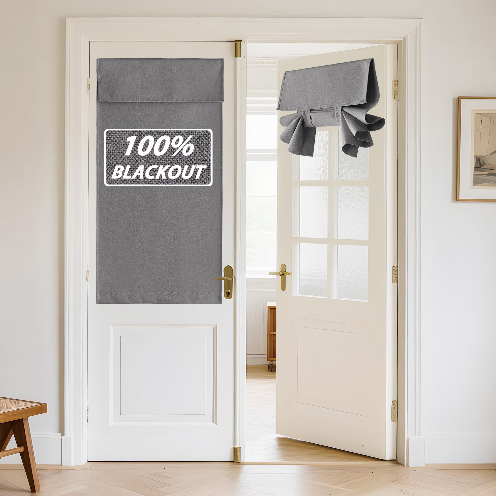 Photo 1 of RYB HOME 100% Blackout Linen Door Window Curtains for French Door, Tricia Room Darkening Adhesive Privacy Assured Thermal Insulated Blinds for Kitchen Glass Window, W 26 x L 40, 1 Panel, Grey