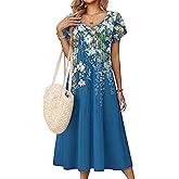 Zeagoo Women Midi Dresses for Summer 2026 Short Sleeve Casual Flowy Dress A Line Pleated V Neck Beach Sundress with Pockets