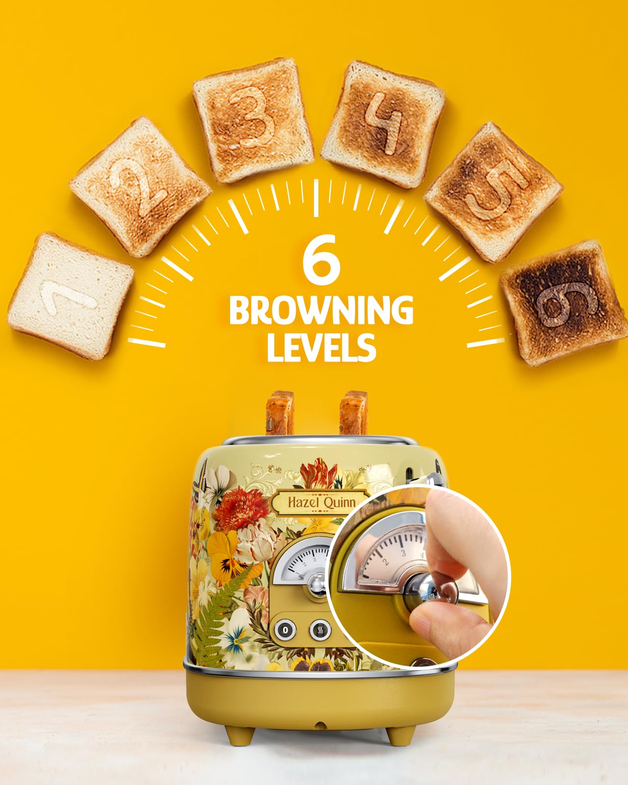 Hazel Quinn X Eduardo Recife Collaboration Tostadora retro de 2 rebanadas, 6 niveles de dorado, 3 funciones: descongelar/recalentar/cancelar, bandeja para migas extraíble para fácil limpieza, ranuras extra anchas de 1,5 pulgadas