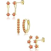 3 Pairs Trendy Small Earrings for Women, Gold Plated Hypoallergenic Stud Huggie Jacket Stack for Cartilage Helix, Dainty Cute Women Fashion Accessories Birthstone Western Jewelry Gifts
