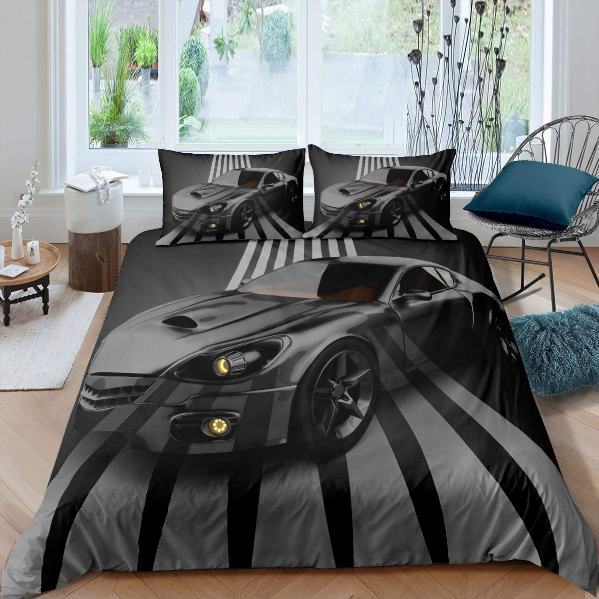 Loussiesd 3D Black Car Print Comforter Cover Set Racing Car Duvet Cover for Kids Boys Teens Youth Sports Car Soft Microfiber Quilt Cover Decor 2Pcs Bedding with 1 Pillowcase Single — image 1