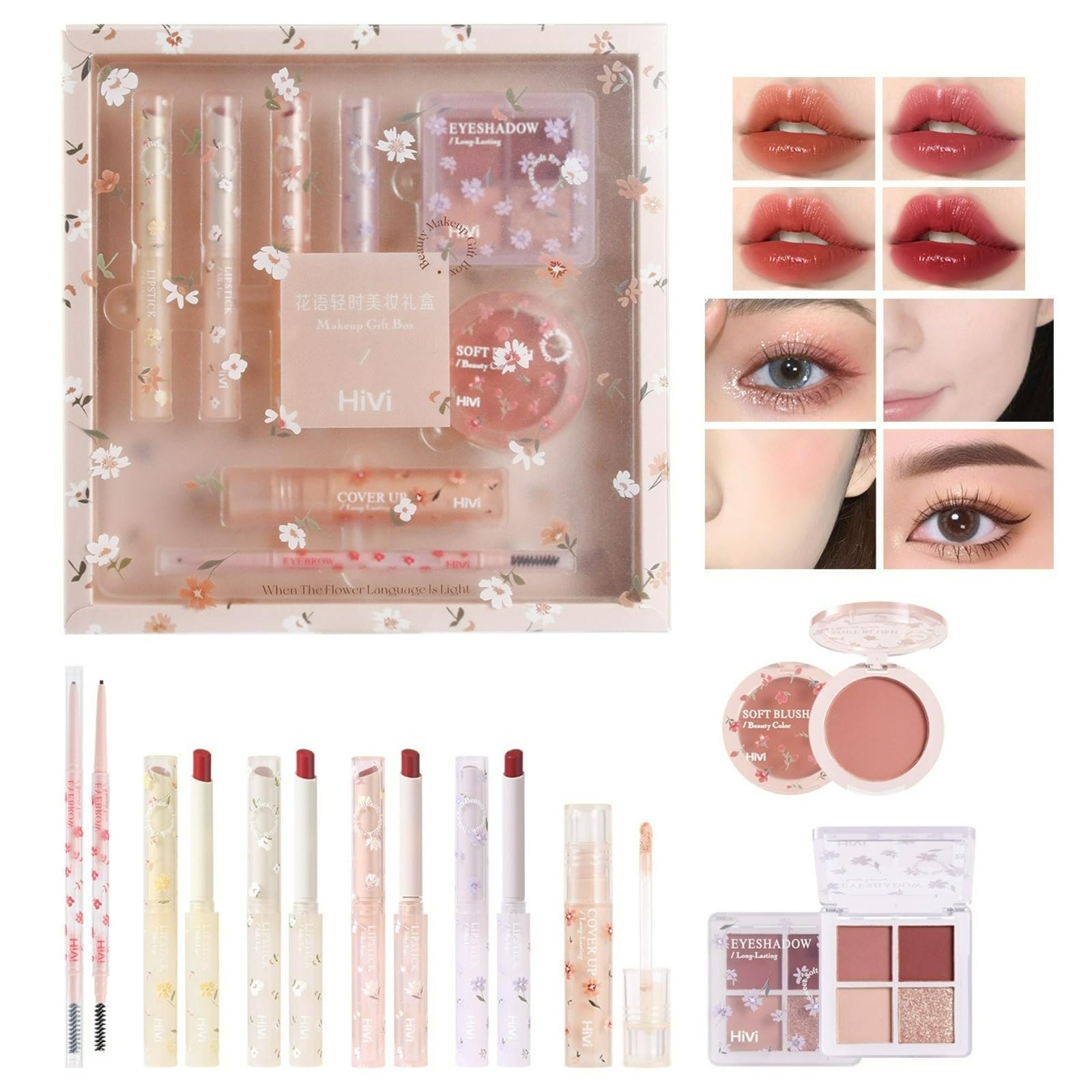 She loves Full Beauty Makeup, 8 Piece Set, 4 Cosmetic Lipsticks, 2 Eyebrow Pencils, 1 Concealer, 1 Blush and 1 Eyeshadow Palette, Long Lasting, Makeup Set, Beginners, Popular Cosmetics Set, Halloween,