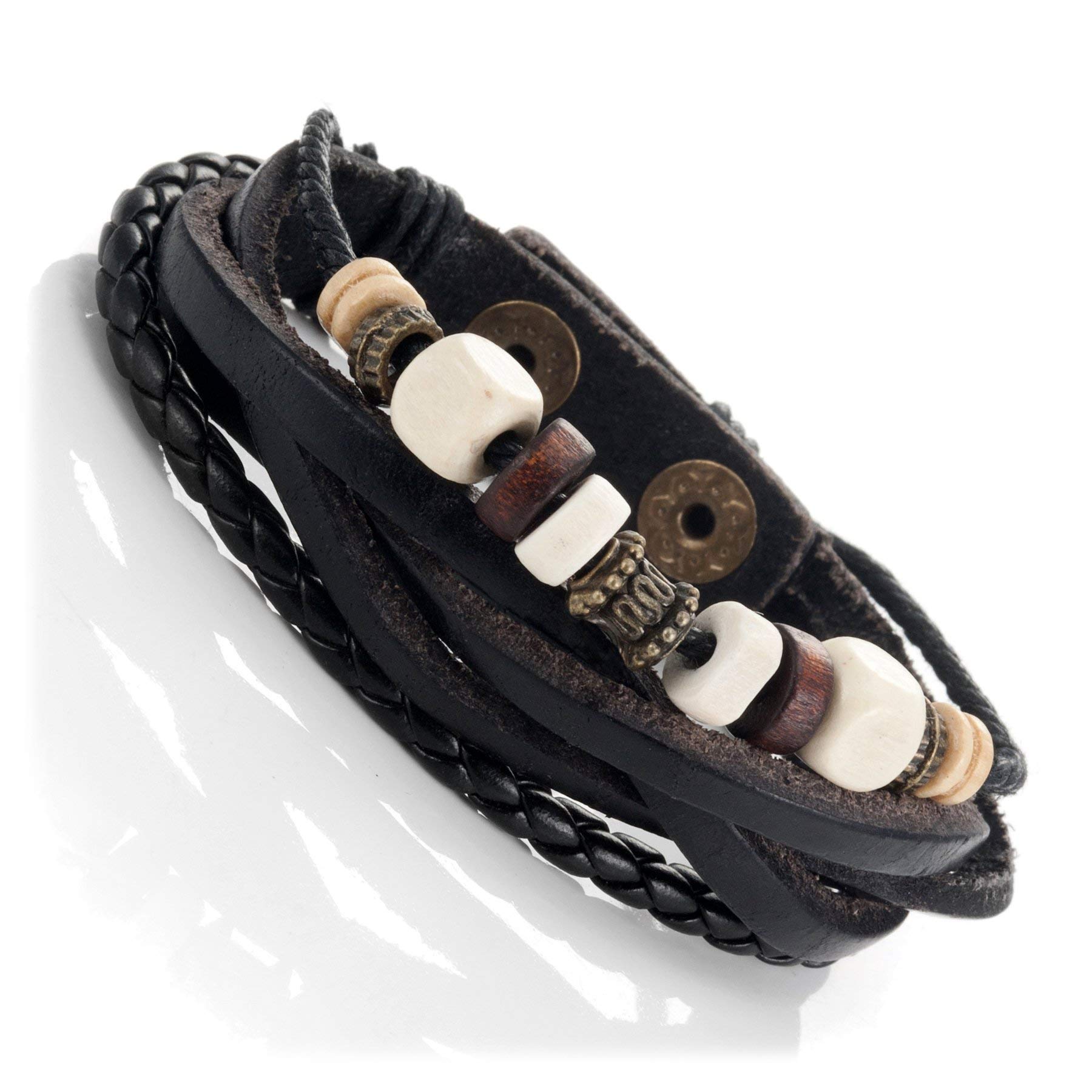 URBAN JEWELRY Vintage Earth Brown and Blond Beaded Bracelet - Black Genuine Leather Snap Cuff Bracelet