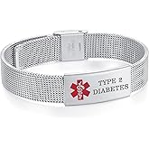 AOAMID Medical Alert Bracelets for Men Women Adjustable Stainless Steel Mesh Band Medical Id Bracelets with Engraving