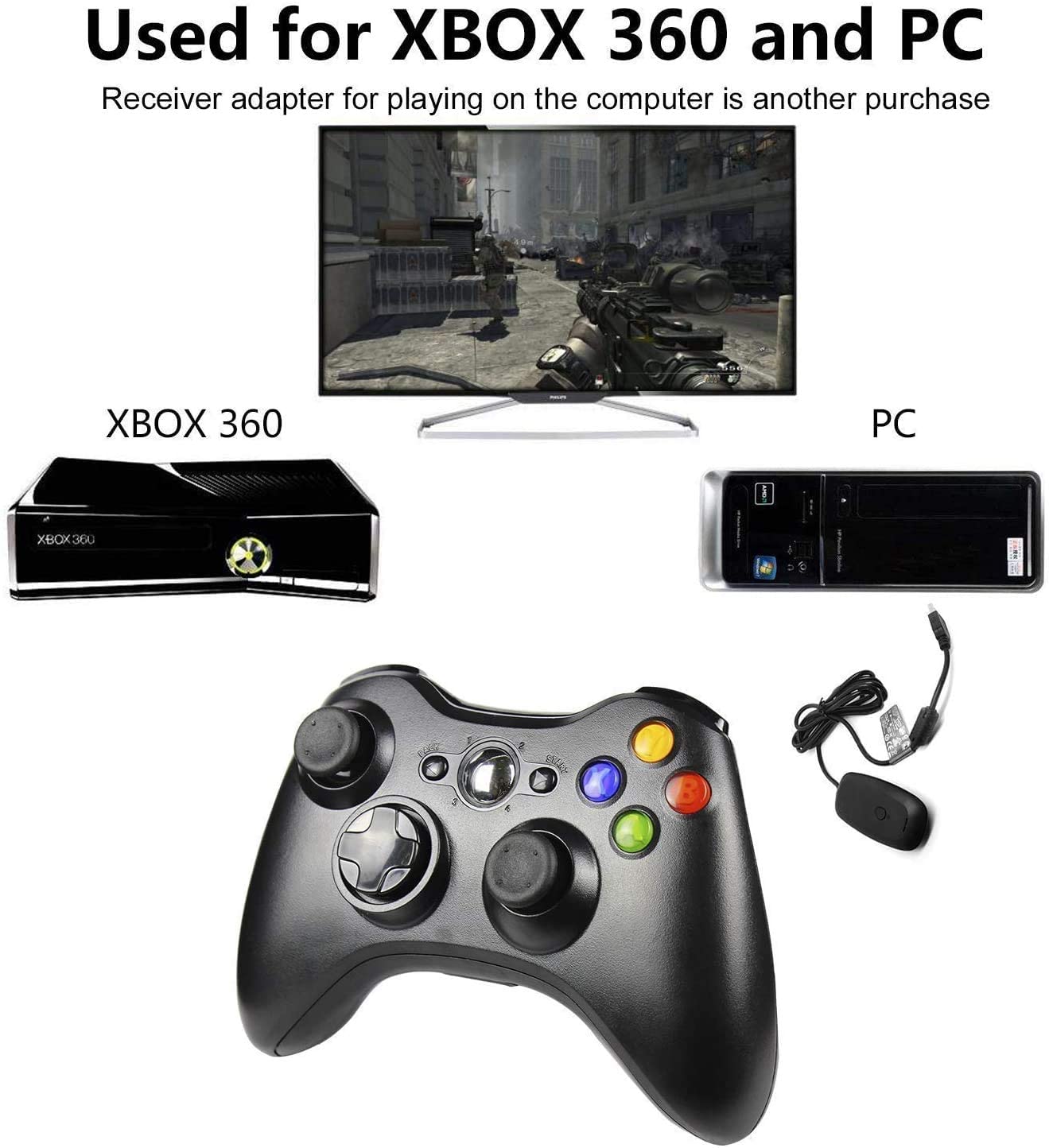 Etpark Wireless Controller for Xbox 360, Xbox 360 Joystick Wireless Game Controller for Xbox 360 & Slim Console and PC Windows XP/7/8/10(Black)