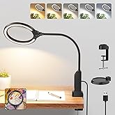 Magnifying Glass with Light and Stand, 15X & 8X Magnifying Lamp with Clamp, 5 Color Lighting Modes Stepless Dimmable LED Desk Lamp Hands Free for Crafts Hobby Reading Painting Sewing Close Work