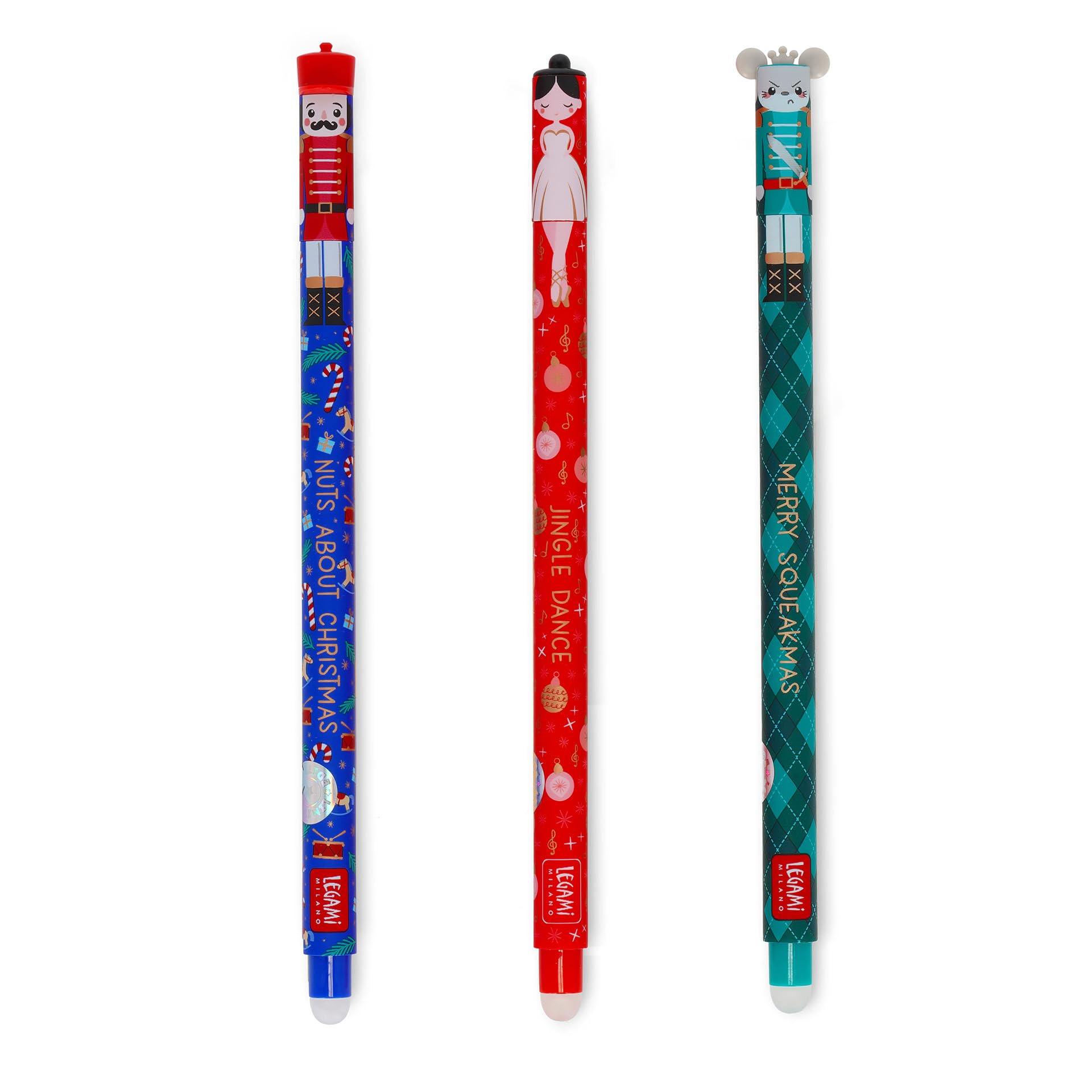 Legami - Set mit 3 löschbaren Gelstiften, Weihnachtsedition, Stifte mit thermosensitiver löschbarer Tinte, rot, blau, grün, löschbare Weihnachtsstifte, löschen ohne das Papier zu beschädigen