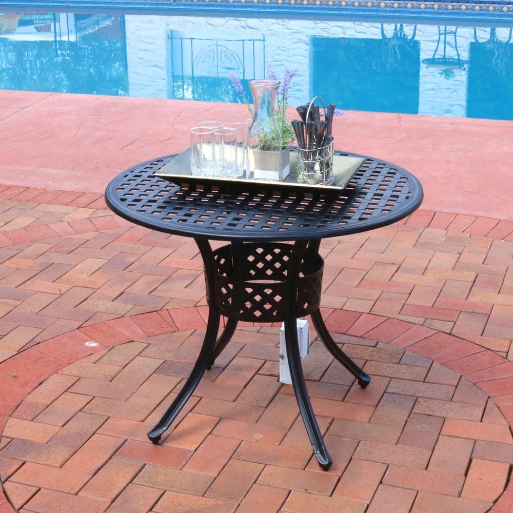 Sunnydaze Round Patio Dining Table - Outdoor Durable Cast Aluminum Construction - Decorative Lattice Design -Outside Patio Furniture with Umbrella Hole - Perfect for Porch or Poolside -33-Inch - Black: Kitchen & Dining