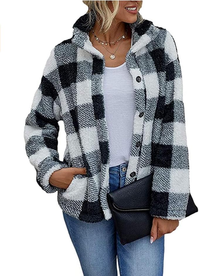 WUOOYOQ Women Plaid Button Down Jacket, Fashion Casual Long Sleeve Fuzzy Fleece Stand Collar