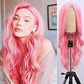 SeclitWu Long Pink Wig for Women Middle Part Pink Wavy Wigs Natural Looking Synthetic Heat Resistant Fiber Wigs for Halloween Costumes Cosplay Daily Use(26 Inch)