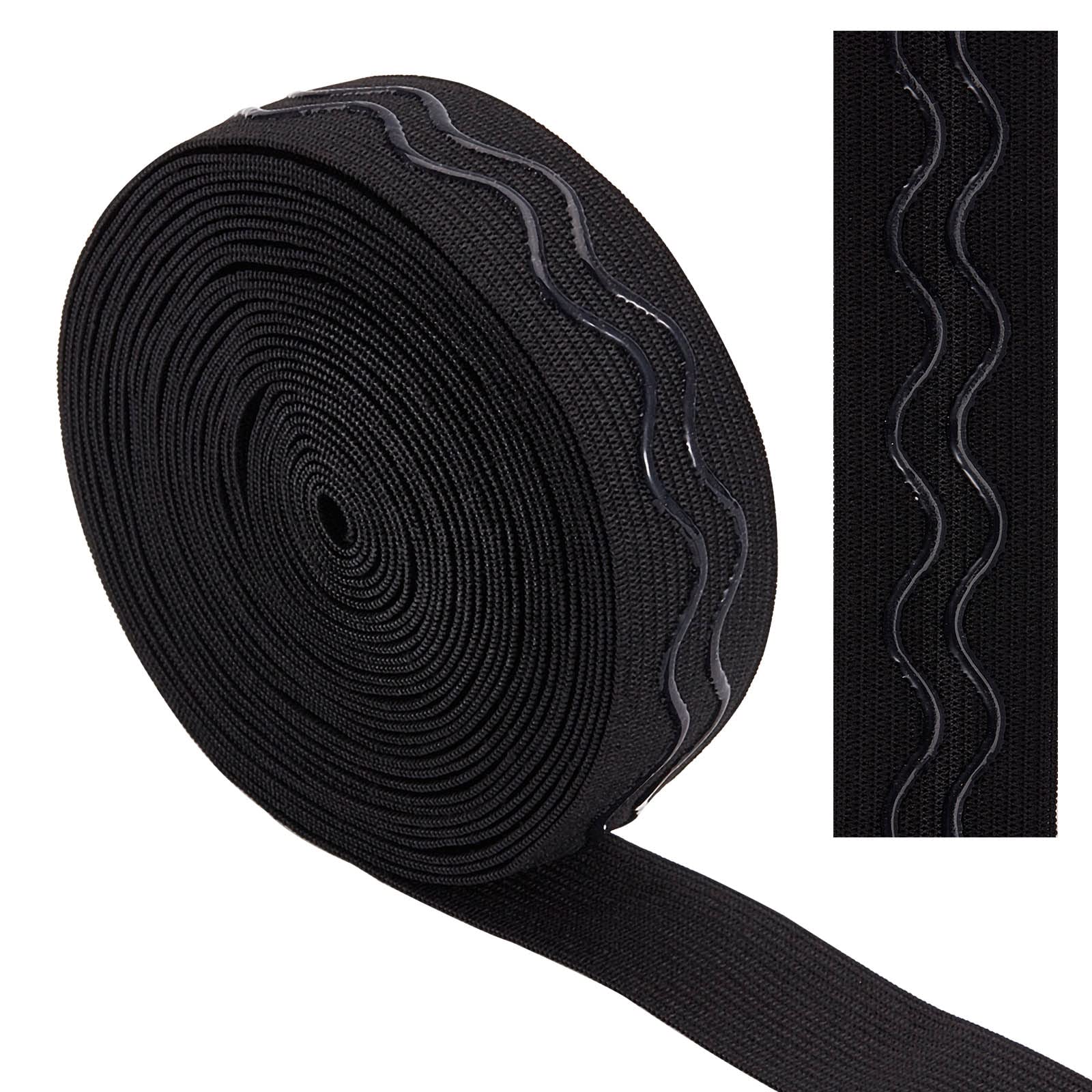 GORGECRAFT 10 Yards Black Non-slip Silicone Elastic Gripper Band 1" 25mm Webbing Soft Tape Waved Rubbers Belt Stretchy Wavy Band Ribbon Roll for Garment Wig Bike Shorts Project Underwear Accessories