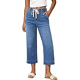 GRAPENT Capris Jeans for Women Trendy Wide Leg Capri Pants High Waisted Pull On Elastic Waist Summer Stretch Denim Jeans