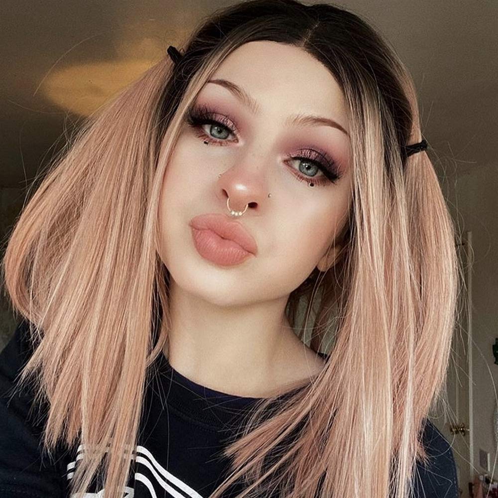 RainaHair 14inch Shoulder Length Silky Straight Short Hair Ombre Pink Lace Front Wigs for Girls Glueless Synthetic Wig High Temperature Fiber Bob Wig Middle Part
