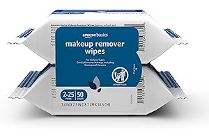 Amazon Basics Makeup Remover Wipes, Gentle Cleansing, Dermatologist Tested, Original, Plant Based, Alcohol-Free, Removes Waterproof Mascara, 25 Count Per Pack, Pack of 2