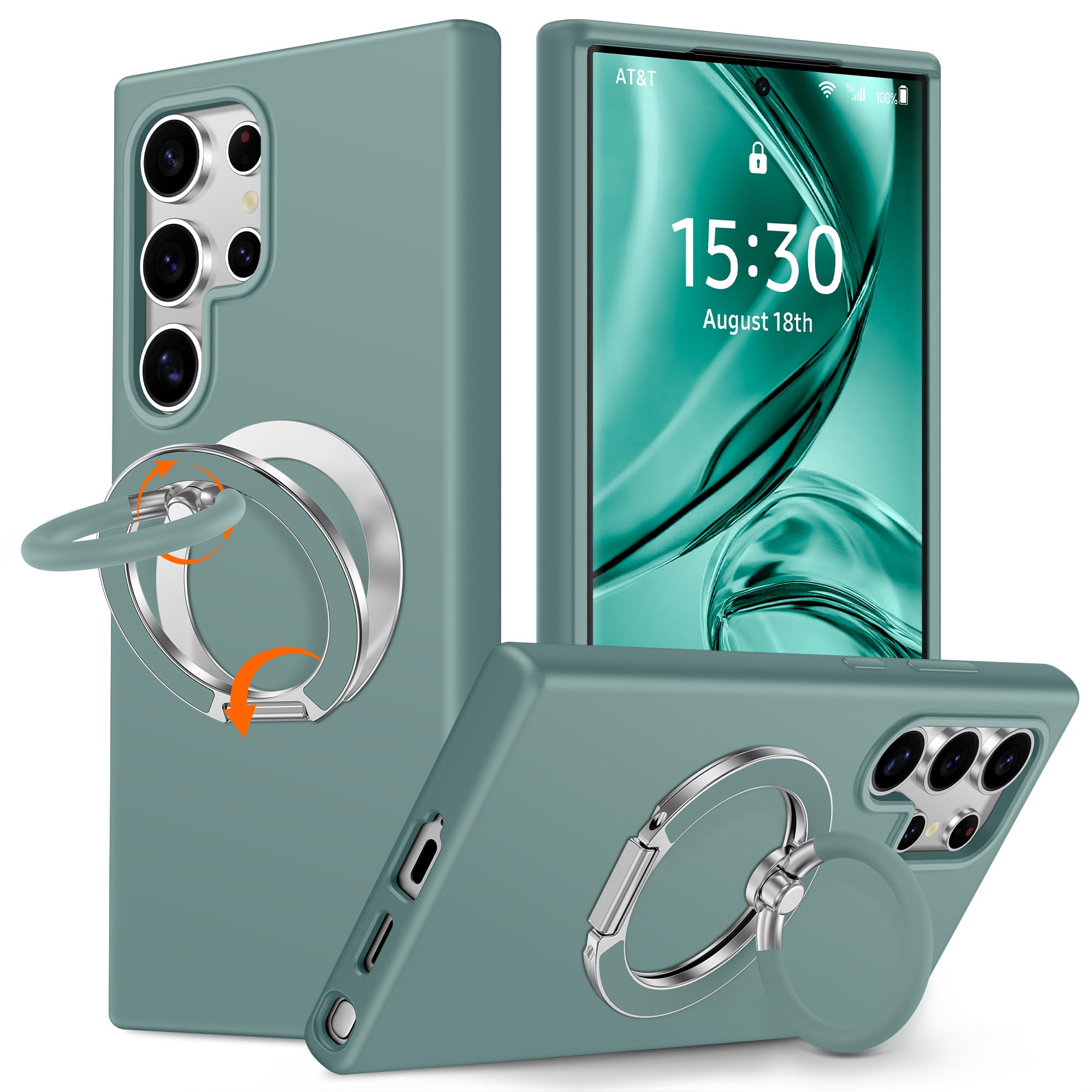 XYZ Case for Samsung Galaxy S24 Ultra, Soft Silicone Double Ring Stand, Premium Liquid Silicone Protective Cover, Satin-Smooth Touch, Shockproof with Microfiber Lining (Green)