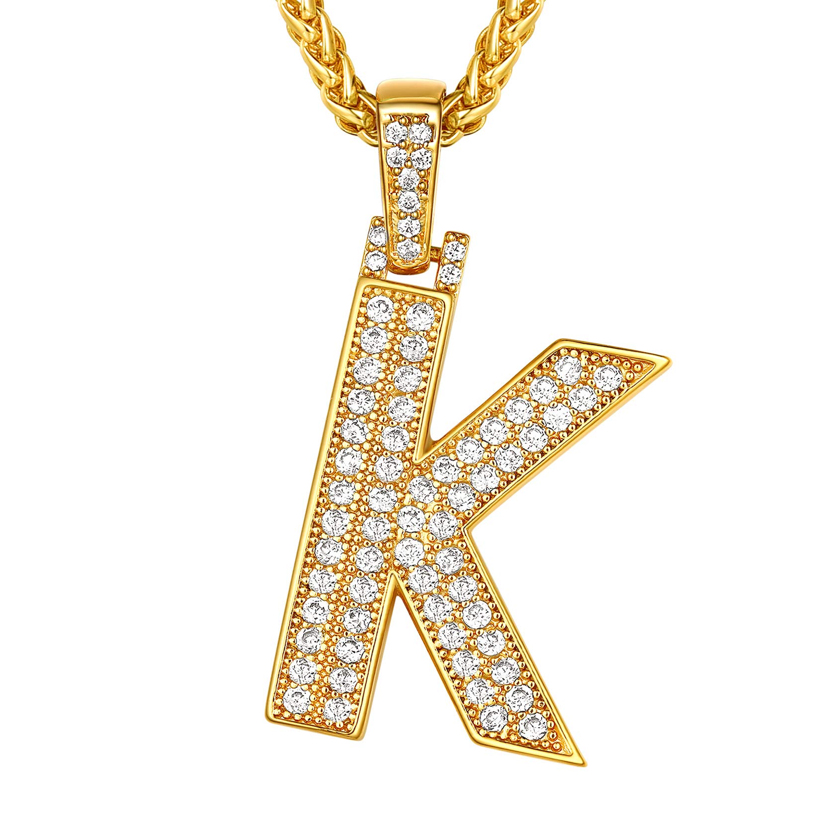 Suplight Chain Pendant for Men, K Initial Necklace, Men's Hip Hop Necklaces, Gold Plated Initial Letter Pendant Necklace with Cubic Zirconia, Bling Alphabet Necklace