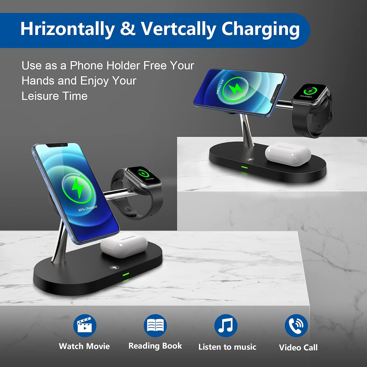 NOOOZA 3 in 1 Magnetic Wireless Charger Fast Charging Station Dock with 20 W QC3.0 Adapter Compatible with iPhone 12/12 Pro Max/Mini/AirPods Pro/AirPods 2 Magsafe Case iwatch Series, Black: Electronics