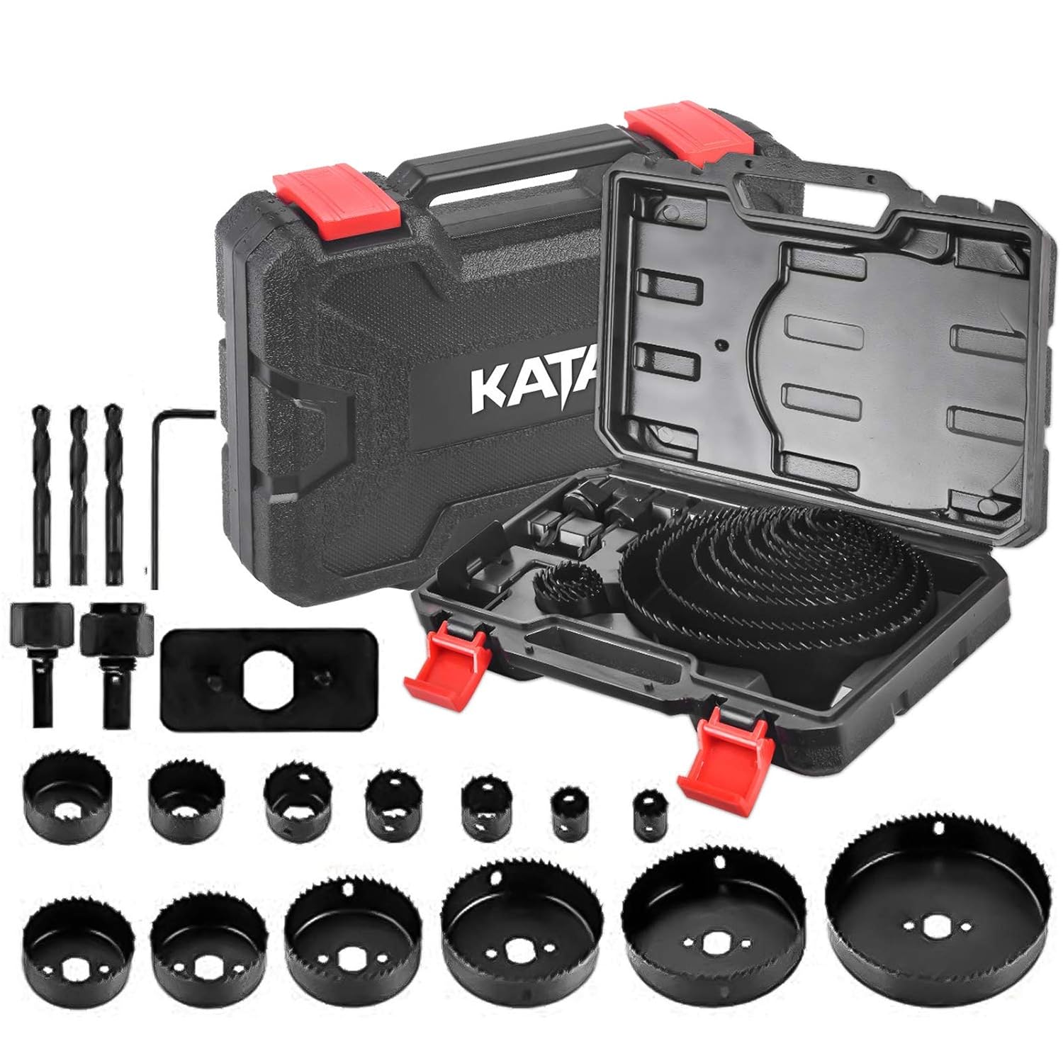 KATA Hole Saw Set 20PCS Hole Saw Kit with 3/4"-6"(19-152mm) 13PCS Saw Blades, 2 Mandrels, 3 Drill Bits, 1 Installation Plate, 1 Hex Key, Ideal for Soft Wood, Plywood, Drywall, PVC: Industrial & Scientific