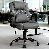 EGSEAT Home Leather Office Chair with Lumbar Support, 5" Padded Seat, Small Rocking Desk Chair, Comfy Computer Chairs with Rolling Wheels & Adjustable Arms for Adults, Grey