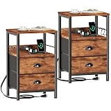 Furologee Nightstand Set of 2, Rustic Brown, with Charging Station and USB Ports, Side Tables with 2 Fabric Drawers, Bedside Tables with Storage Shelf & Hooks, for Living Room/Bedroom