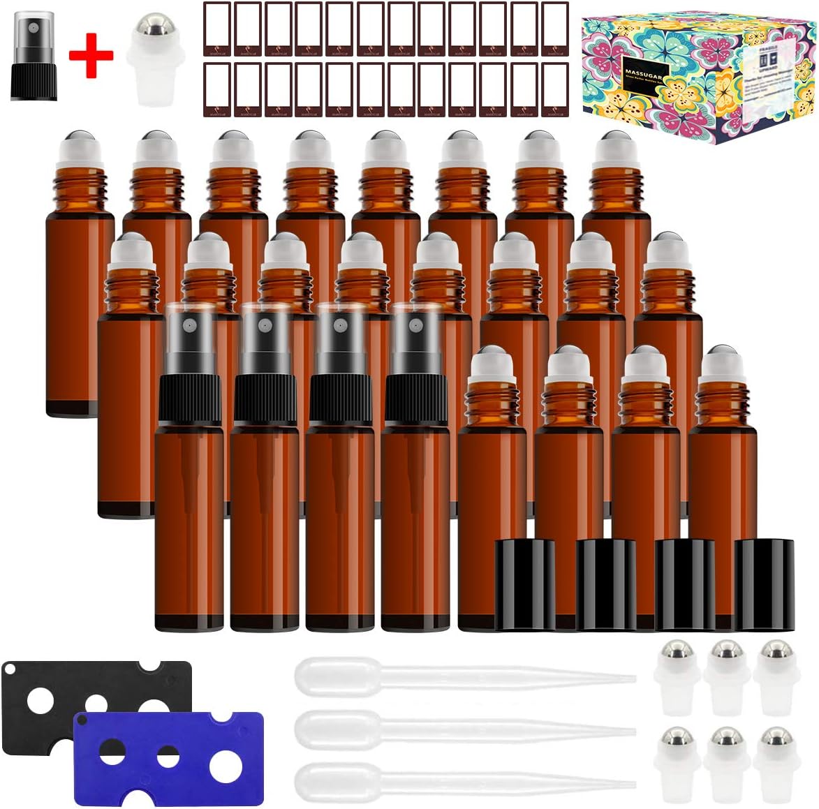 Essential Oil Roller Bottles£¬24 Pack 10ml Amber Glass Roller Bottles for Essential Oils Roll on Bottles with Roller Balls (4 Sprays, 24 Labels, 3 Droppers, 6 Extra Roller Balls, 2 Openers)