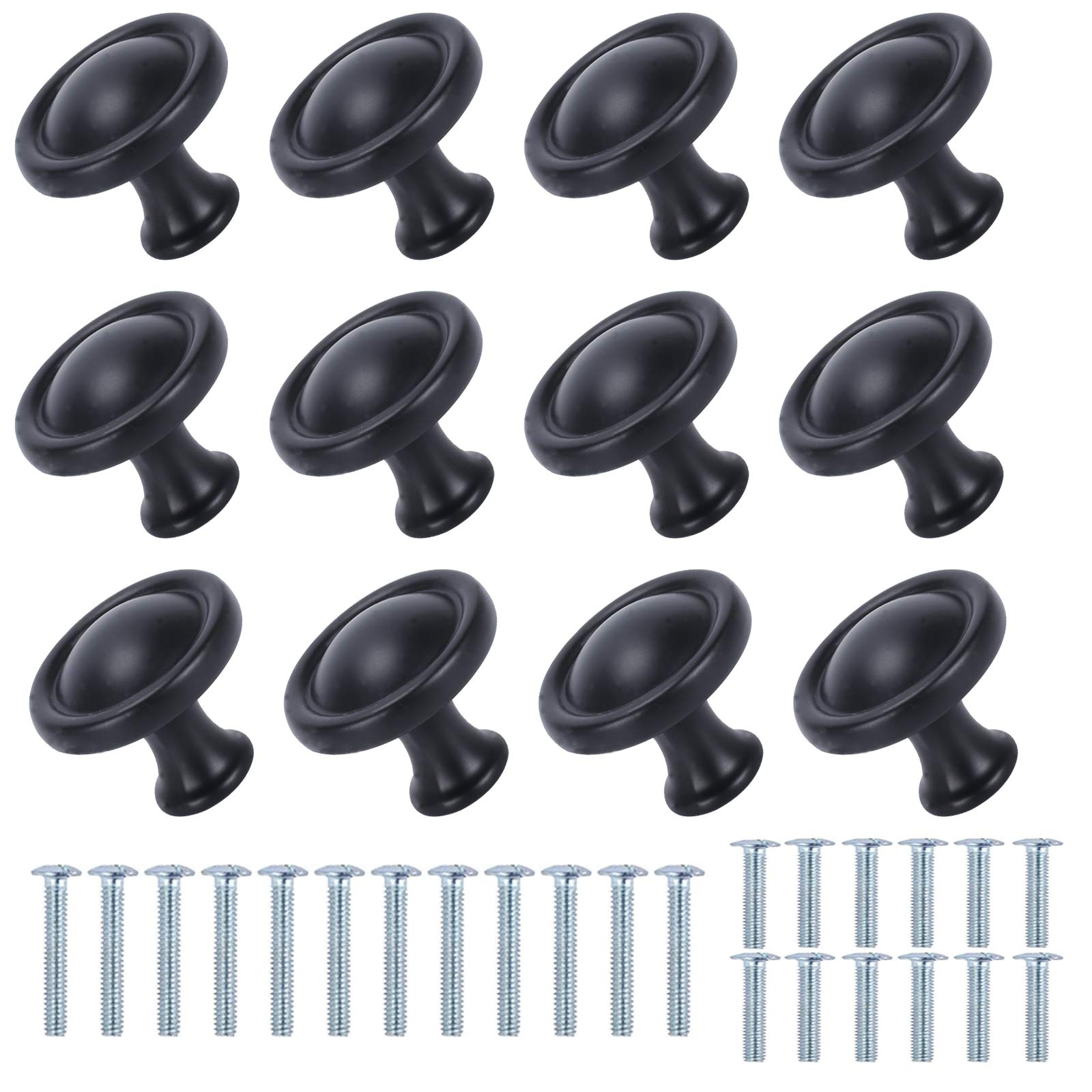 KAILEE 12pcs Black Cabinet Knobs Black Round Kitchen Cabinet Knobs Matt Black Drawer Knob Matted Round Mushroom Drawer Knobs with Screws for Cupboard Wardrobe Furniture Cabinet Drawer Kitchen