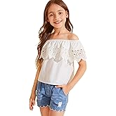 WDIRARA Girl's Off The Shoulder Ruffle Trim Lace Short Sleeve Blouse Top