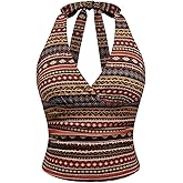 BEAUDRM Women's Boho Tribal Halter Crop Tops Retro Hippie Tie Backless Fitted Going Out Tops