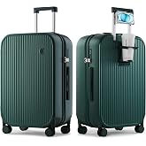 mixi Checked Luggage with Cup Phone Holder 24 Inch, Blackish Green | Multifunction Hooks, PC Hard Shell, Travel Suitcase with Rolling Spinner Wheels, TSA Lock&amp;YKK Zippers