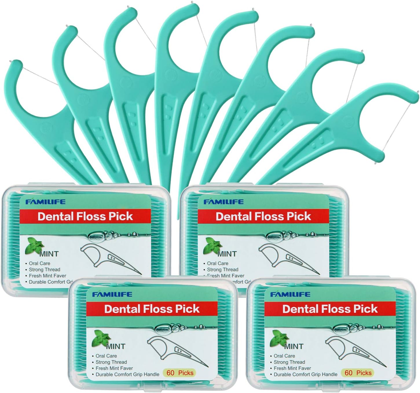 FAMILIFE Floss Picks Mint Dental Floss Picks with 4 Travel Handy Cases 240 Count Flossers