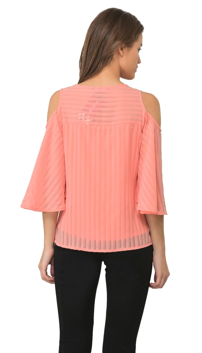 marie claire women peach-coloured georgette self-striped cold shoulder top (mc10270b)