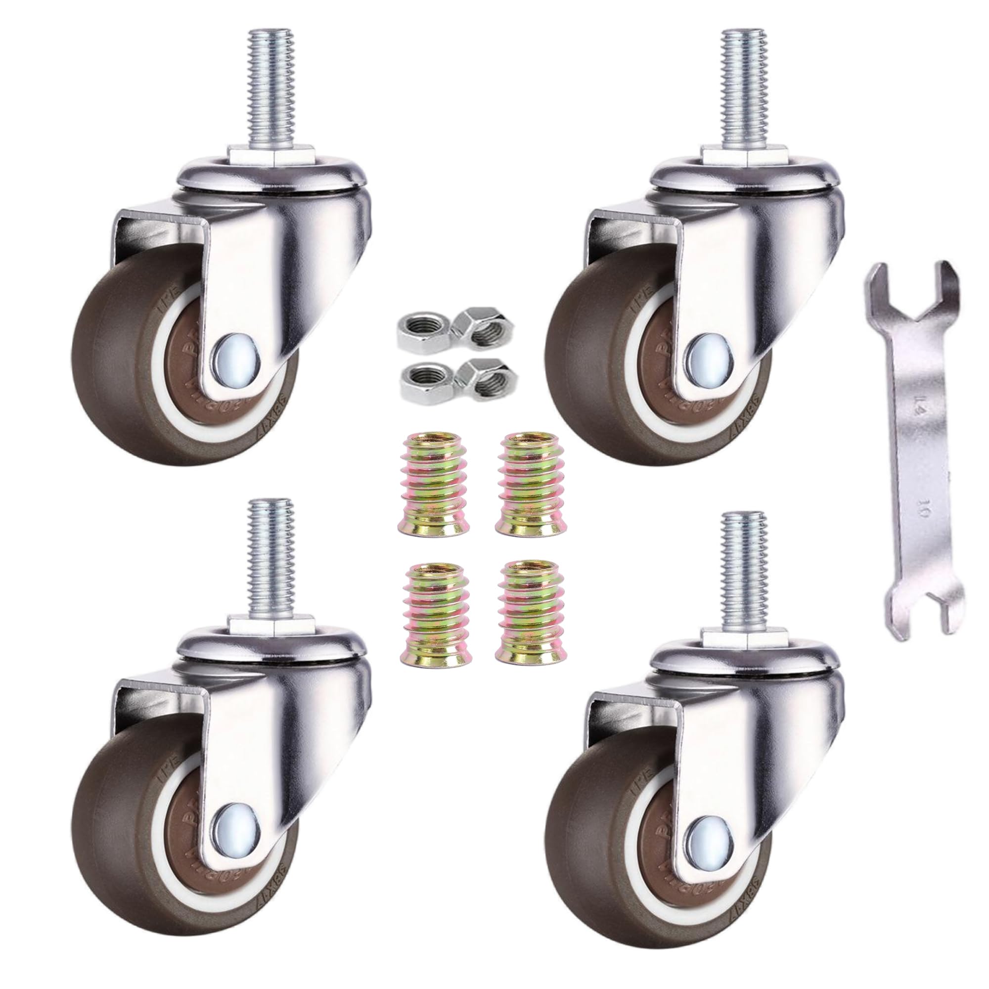 Set of 4 Swivel Castors 25 mm for Furniture M6 x 15 mm with Thread Soft Rubber TPE with Brake Thread Mini Furniture Castors