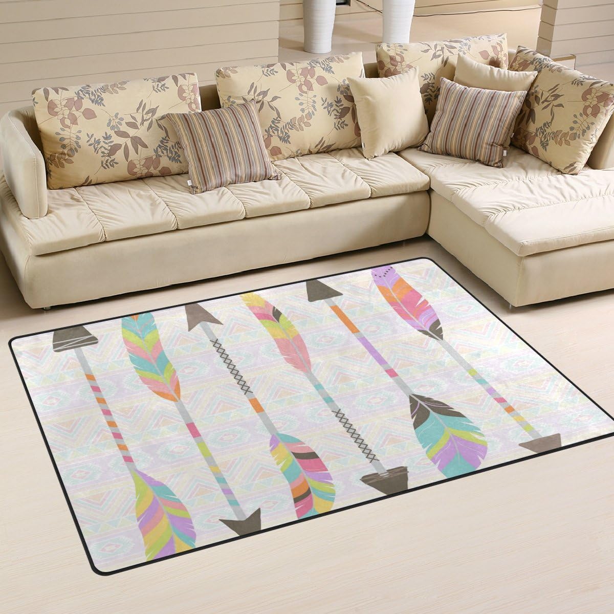 WellLee Area Rug,Pastel Stylized Tribal Feather Arrows Floor Rug Non-Slip Doormat for Living Dining Dorm Room Bedroom Decor 60x39 Inch