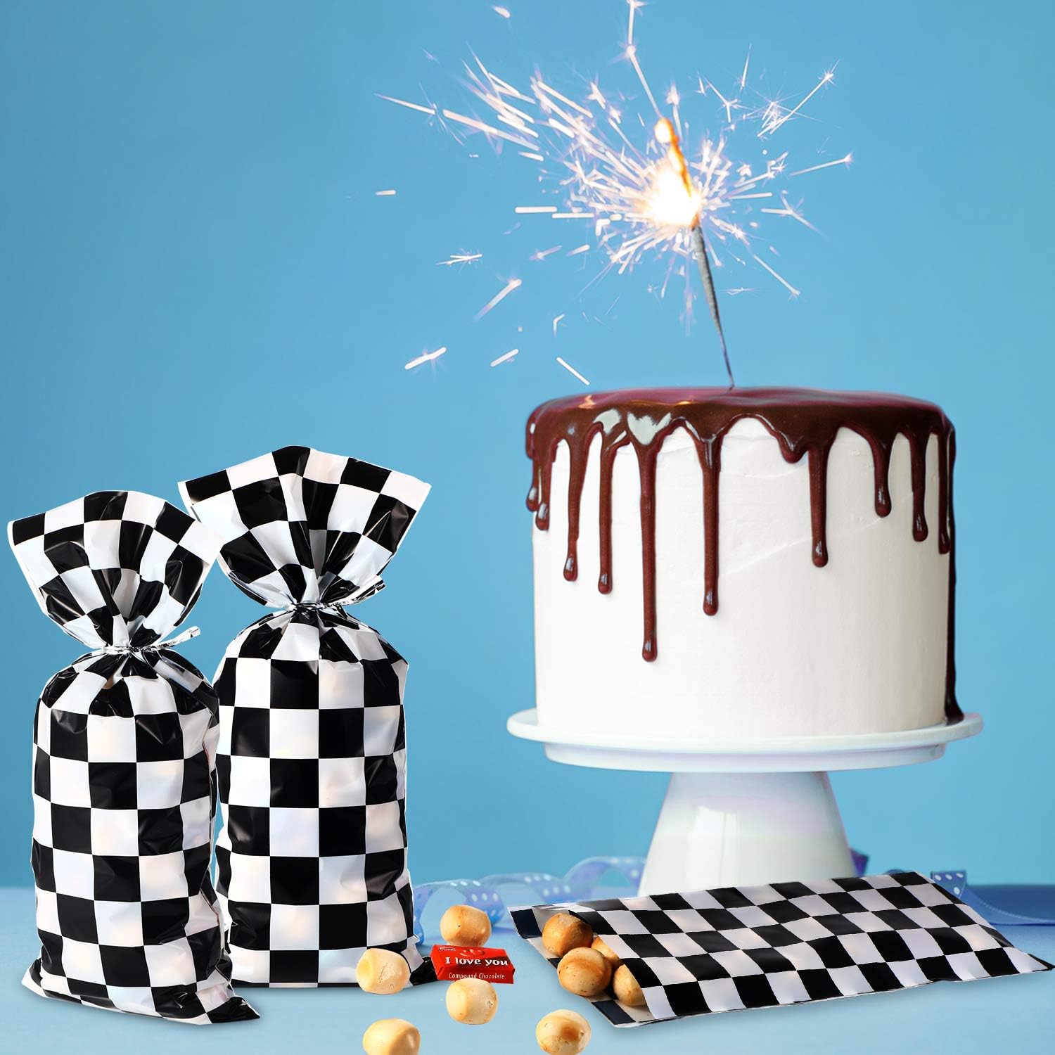 100 Pieces Cellophane Car Candy Bags Black White Checkered Racing Treat Bags Plastic Race Gift Goodie bags Food Storage Bags for with 100 Pieces Silver Twist Ties for Cars Birthday Party Decorations - Image 5