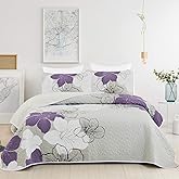 DJY 3 Pieces Quilt Set Queen Purple Floral Pattern Quilt Coverlet Set Elegant Boho Lily Bedspread with 2 Pillow Shams Breathable Microfiber Bedding Quilt Set All Season (Purple, 90"x96")