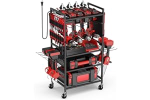 JUNNUJ Garage Large Power Tool Organizer Cart with 20A Charing Station, Heavy Duty Drill and Tools Battery Holder Storage Rack, Floor Standing Rolling Tool Cart on Wheels, Red