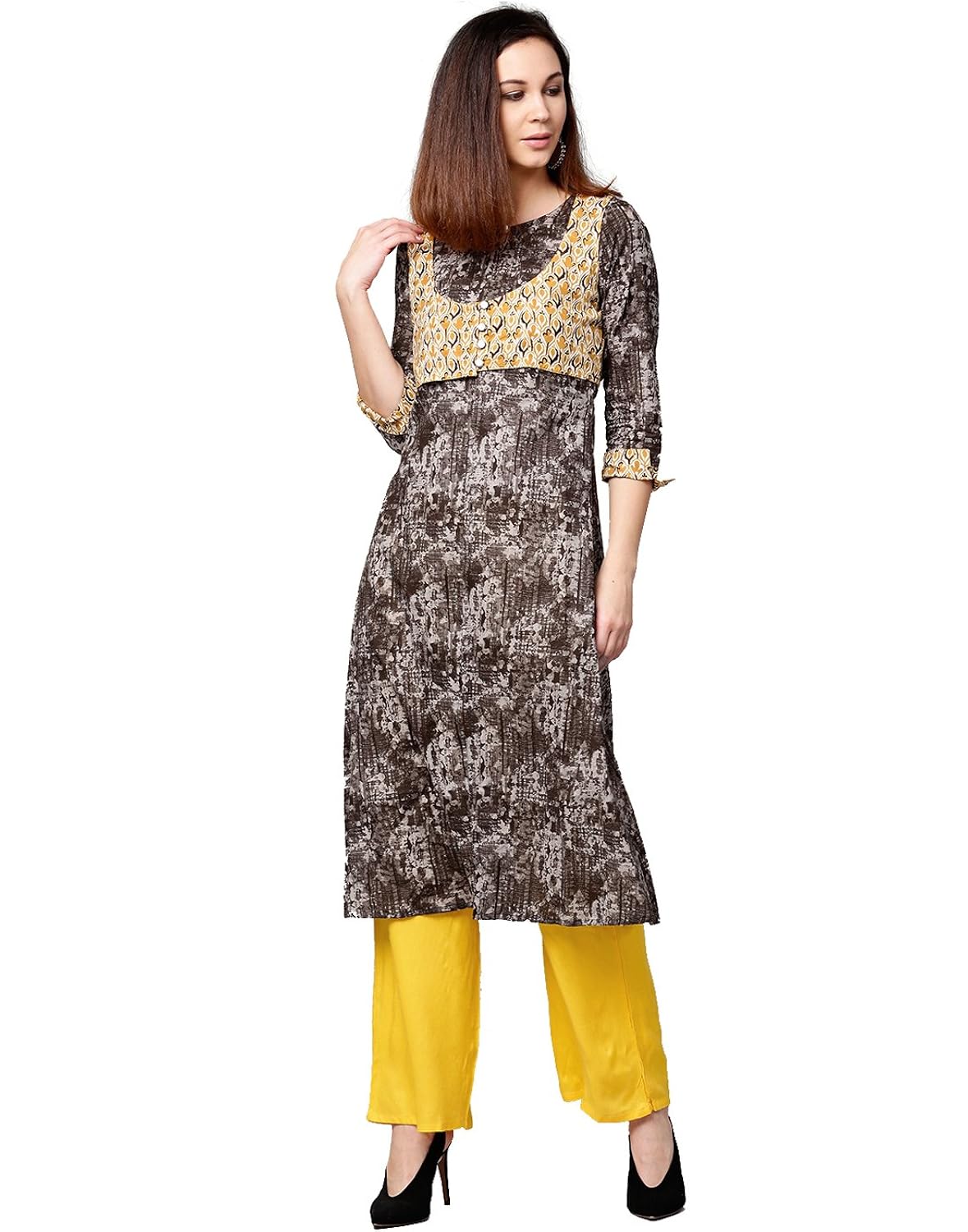 jaipur kurti women brown & yellow abstract a-line cotton & rayon kurta koti with palazzo